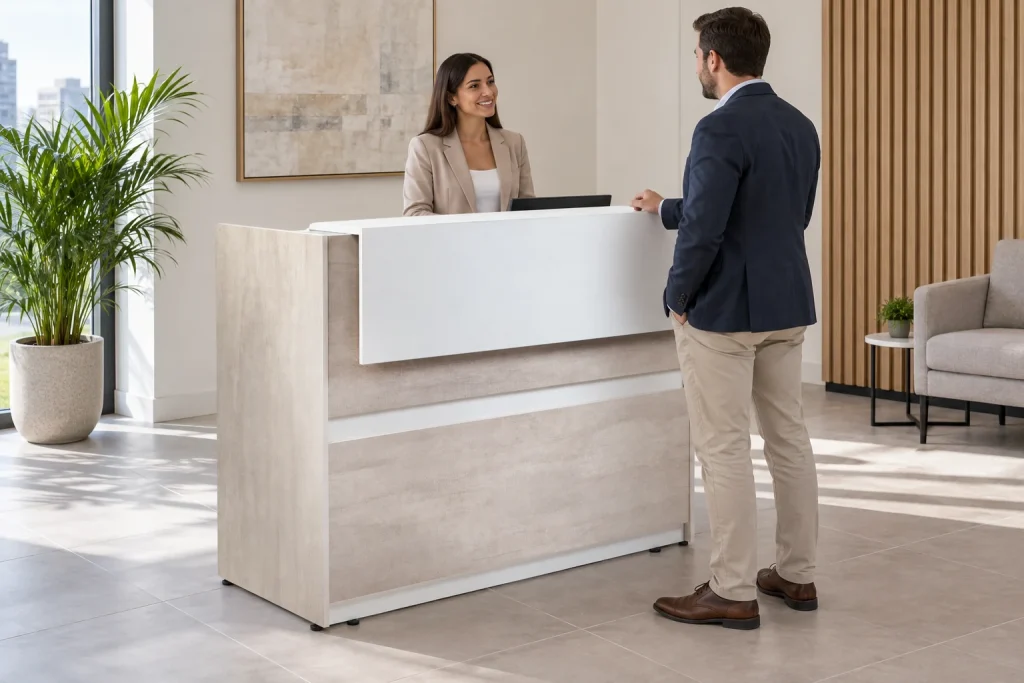 Recepcionista detrás de Style recibe a un visitante situado frente al mostrador.