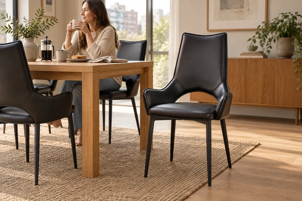 Silla Alvar junto a una mesa de comedor mientras una persona desayuna en casa.