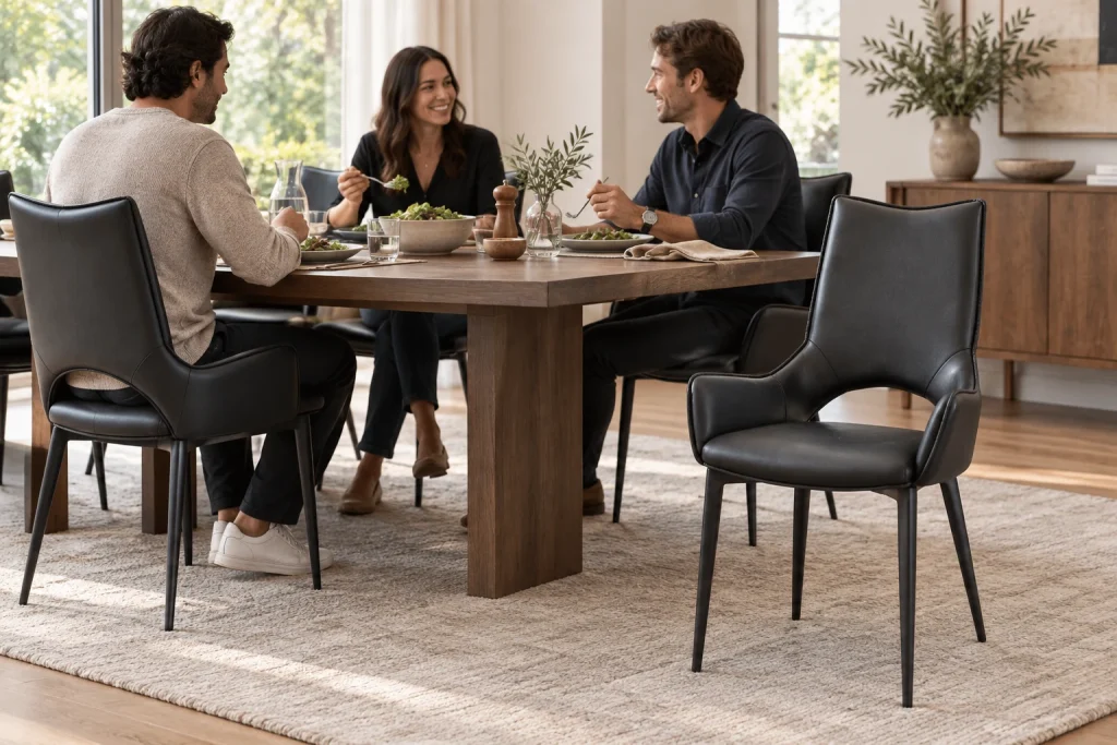 Personas comparten una comida alrededor de una mesa con sillas Alvar; una silla vacía queda visible en primer plano.