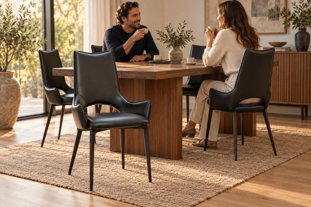 Sillas Alvar alrededor de una mesa durante una conversación de sobremesa en casa.