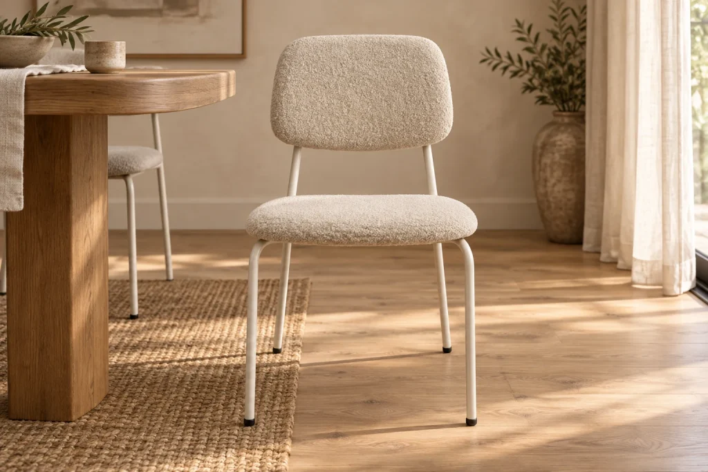 Vista frontal cercana de Kiro beige con su tapizado, estructura tubular y topes negros visibles.