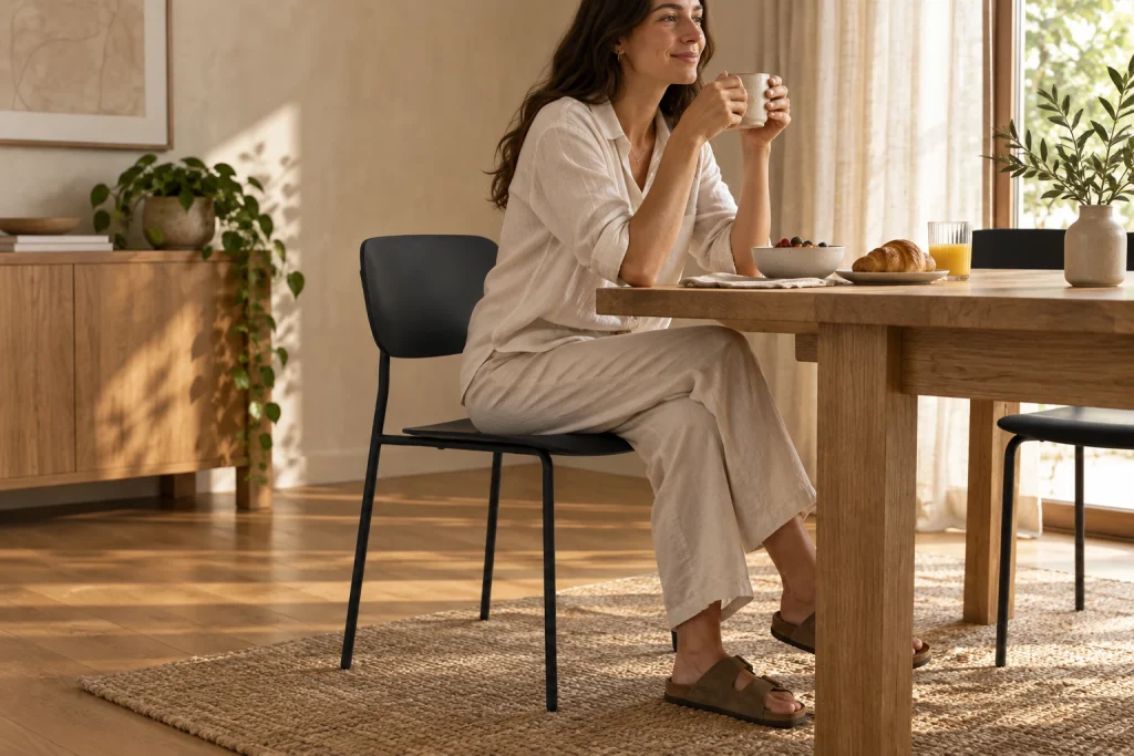 Una persona toma café sentada en Nilo, junto a una mesa de comedor.